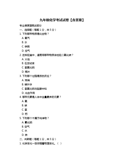 九年级化学考试试卷【含答案】