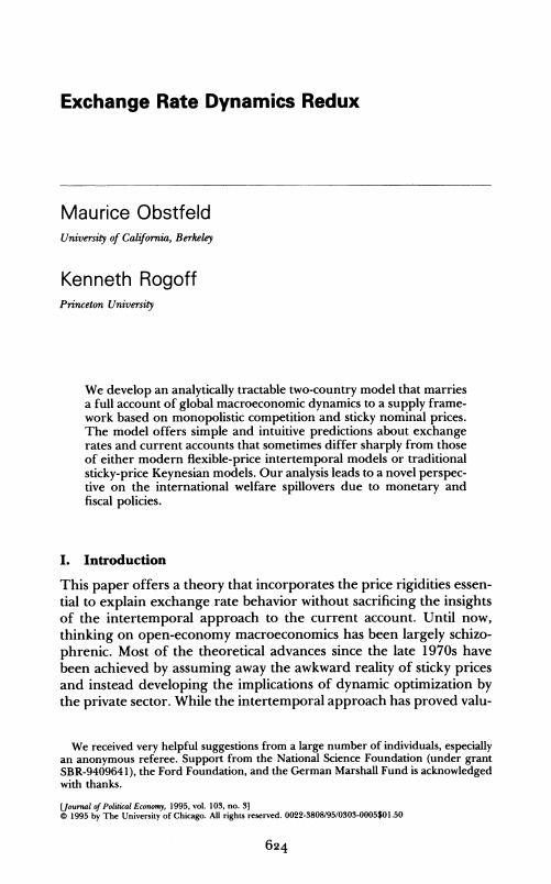 Exchange Rate Dynamics Redux(Obstfeld Rogoff 1995)