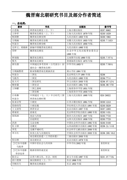 魏晋南北朝研究著作与部分作者简述