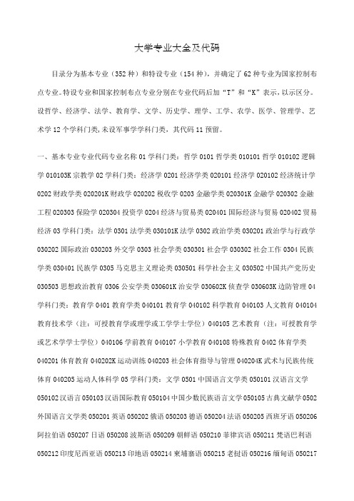 大学专业大全及代码