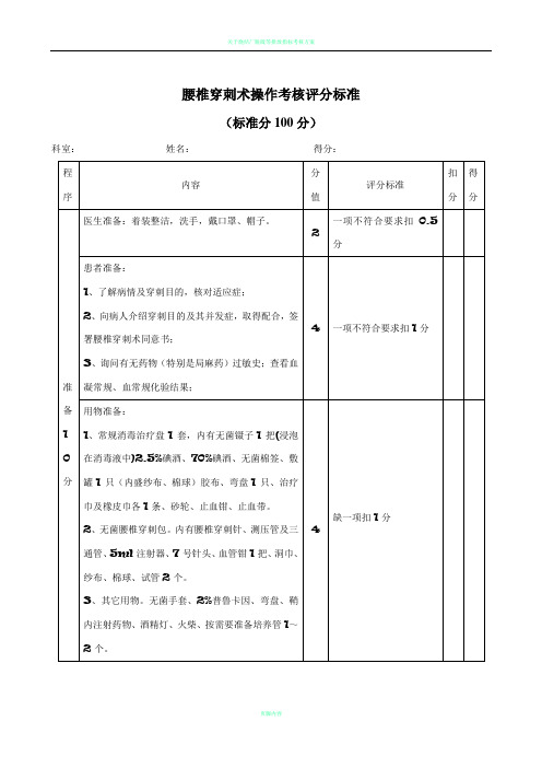 腰椎穿刺术操作考核评分标准