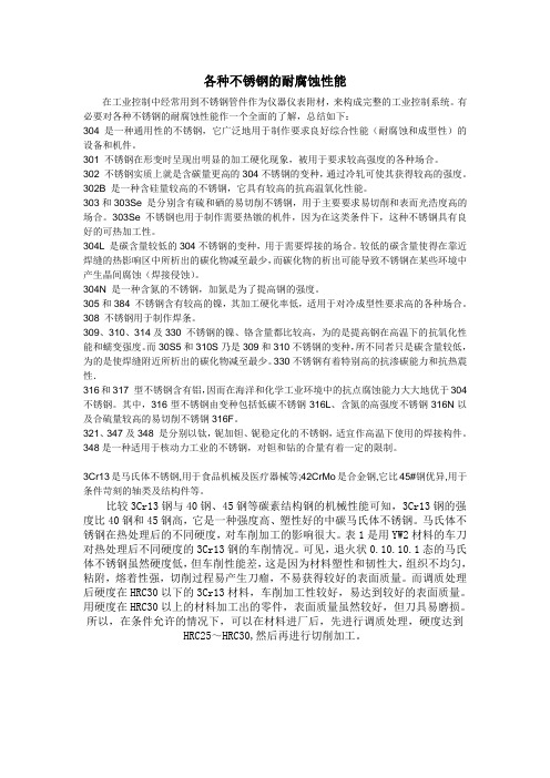 各种不锈钢的耐腐蚀性能