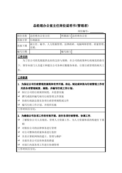 总经理办公室主任岗位说明书