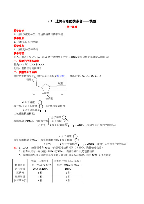 人教版高中必修一生物2.3--遗传信息的携带者——核酸--学案设计