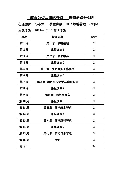 酒水知识与酒吧管理 课程教学计划表