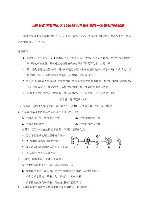 山东省淄博市博山区2020届九年级生物第一次模拟考试试题