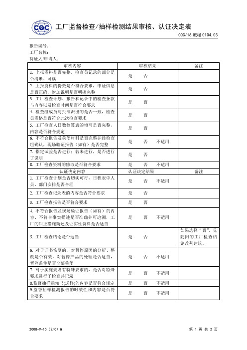 CQC督检查抽样检测结果审核、认证决定表