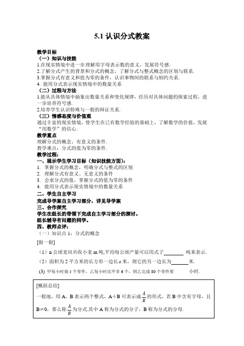 北师大版八年级数学下册 5.1 认识分式 教案