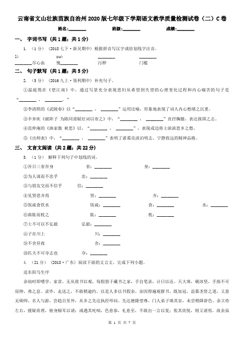云南省文山壮族苗族自治州2020版七年级下学期语文教学质量检测试卷(二)C卷