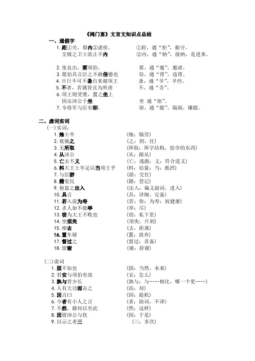 高中语文《鸿门宴》知识点总大全结-一词多义-通假字-词类活用-虚词实词-特殊句式等