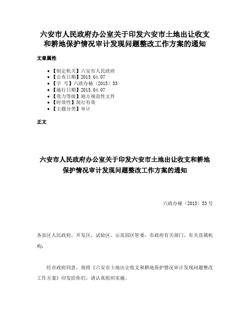 六安市人民政府办公室关于印发六安市土地出让收支和耕地保护情况审计发现问题整改工作方案的通知