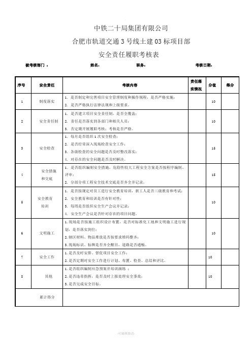 安全生产责任制考核表