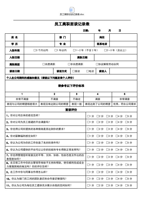 员工离职访谈记录表