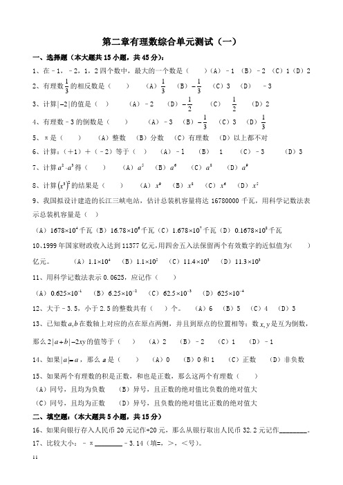 七年级数学第二章有理数单元测试八套试题及答案