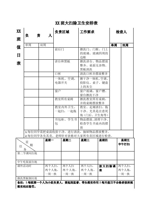 班级劳动值日表及卫生安排表