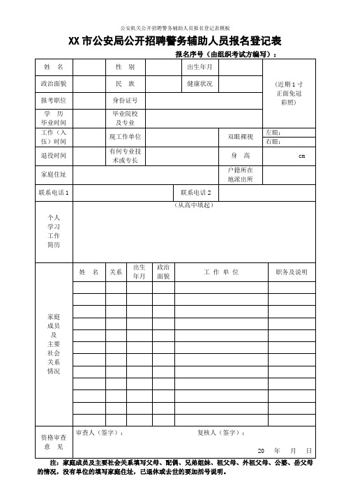 公安机关公开招聘警务辅助人员报名登记表模板