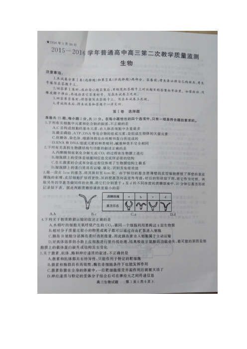 届高三上学期第二次教学质量监测生物试题(扫描版)(附答案)