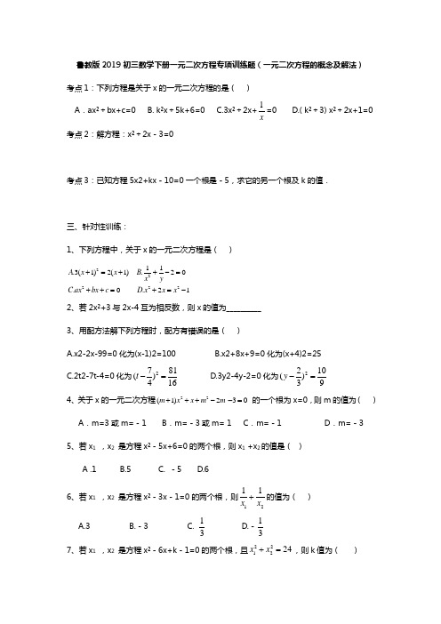 鲁教版2019初三数学下册一元二次方程专项训练题(一元二次方程的概念及解法)
