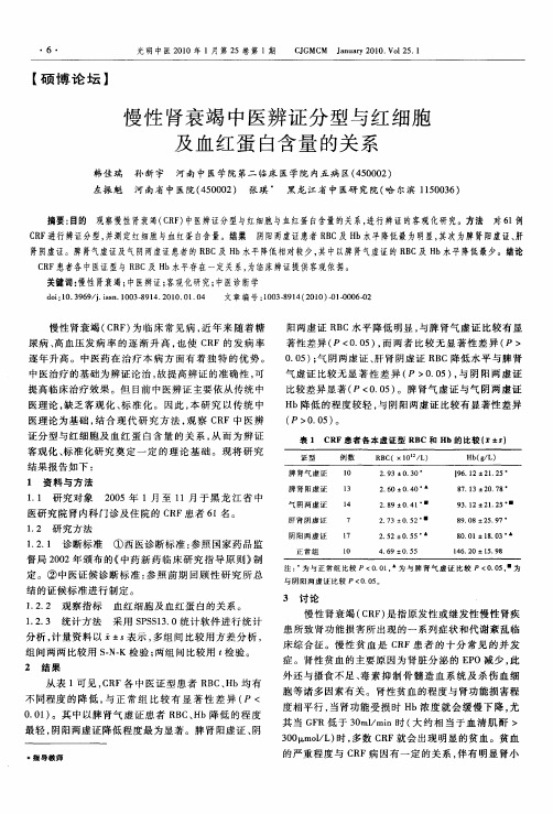 慢性肾衰竭中医辨证分型与红细胞及血红蛋白含量的关系