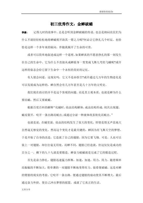 初三优秀作文：金蝉破蛹