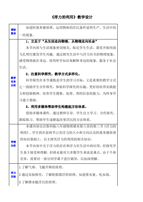 初中八年级物理教案- 浮力的利用(全国一等奖)