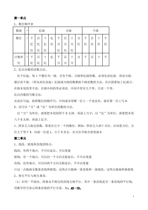 四年级上册123单元数学知识点