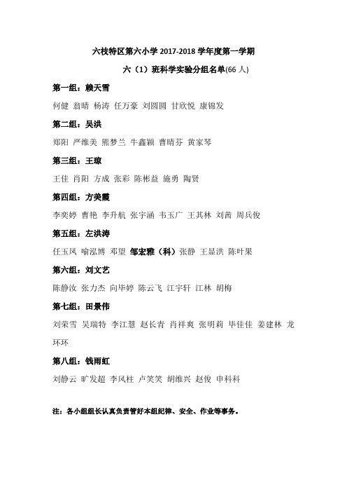 六小六年级科学分组实验名单