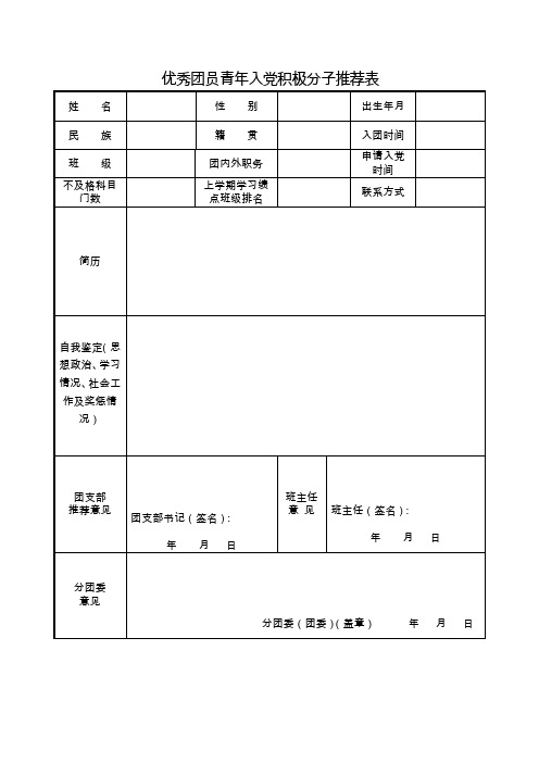 优秀团员青年入党积极分子推荐表