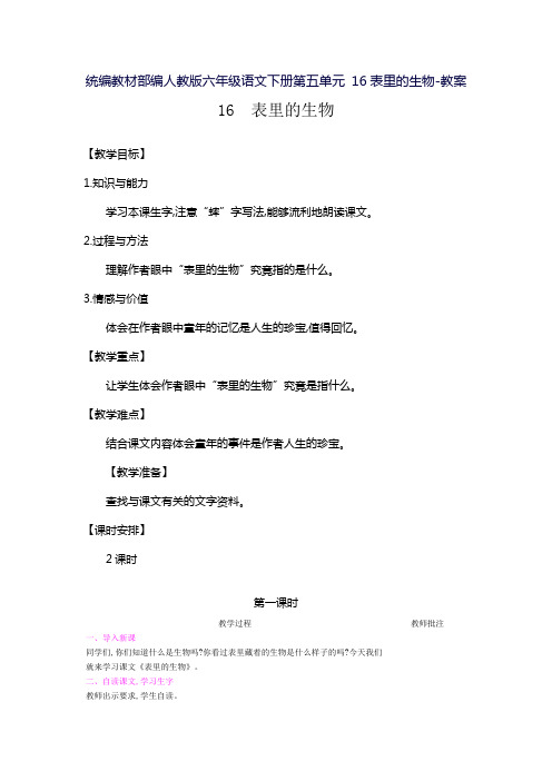 统编教材部编人教版六年级语文下册第五单元 16表里的生物-教案