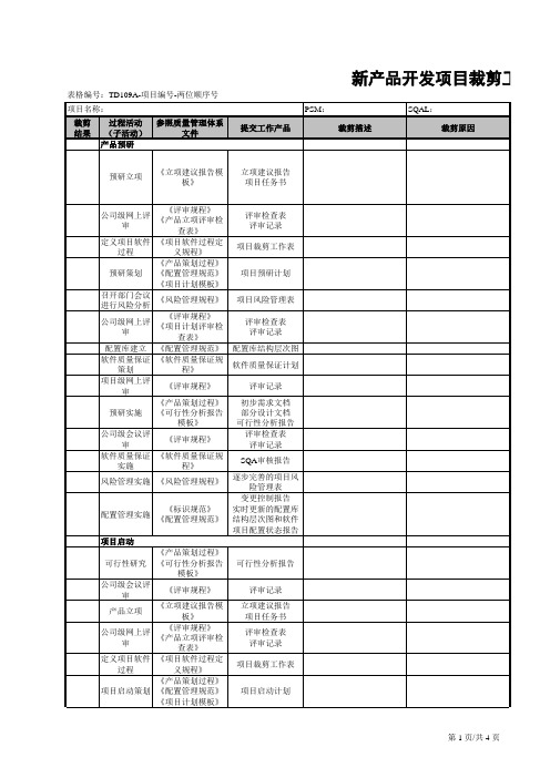 新产品开发项目裁剪工作表