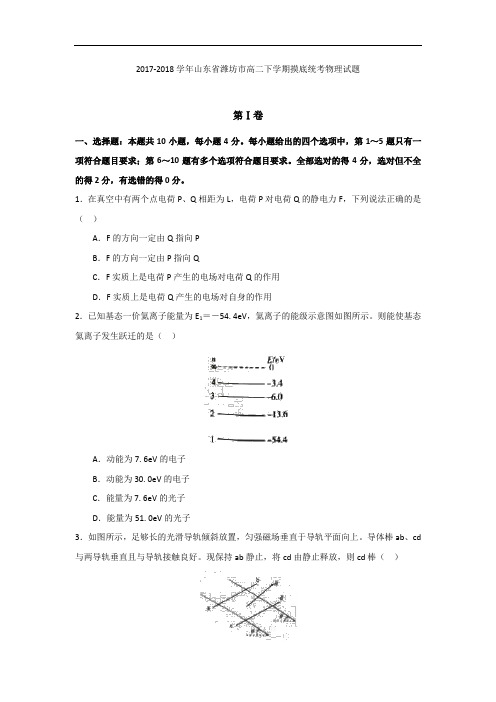 2017-2018学年山东省潍坊市高二下学期摸底统考物理试题