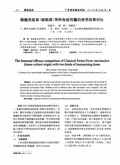 猪瘟活疫苗(细胞源)两种免疫剂量的使用效果对比