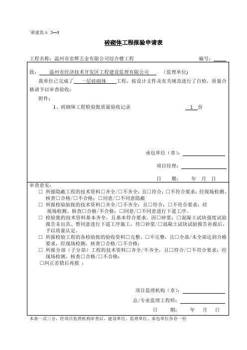 砖砌体工程检验批质量验收记录