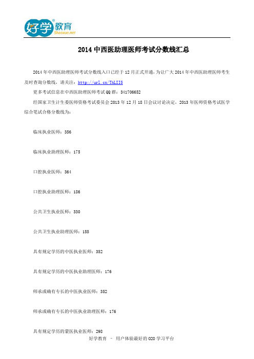 2014中西医助理医师考试分数线汇总