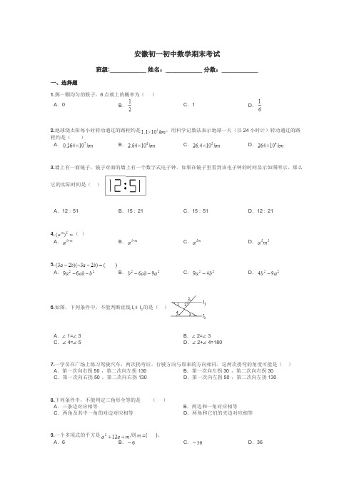 安徽初一初中数学期末考试带答案解析
