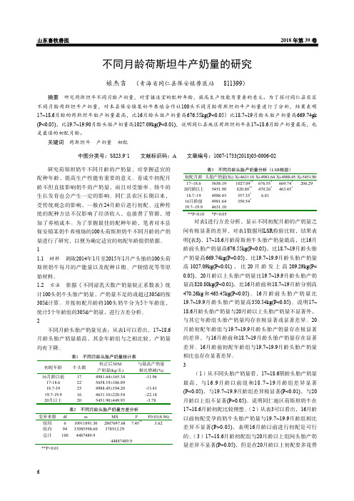不同月龄荷斯坦牛产奶量的研究