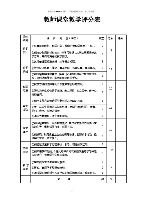 教师课堂教学评价表-参考模板