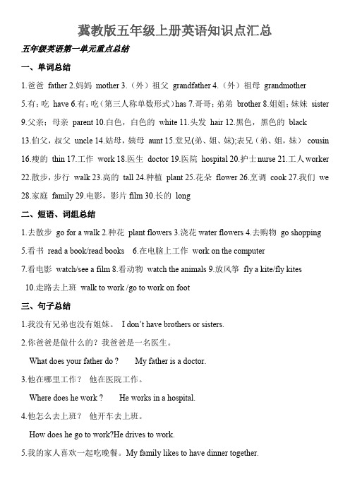 冀教版五年级上册英语知识点汇总