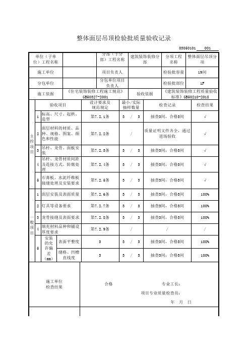 石膏板吊顶检验批最新表格