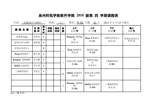泉州师范学院软件学院 2010 级第 四 学期课程表