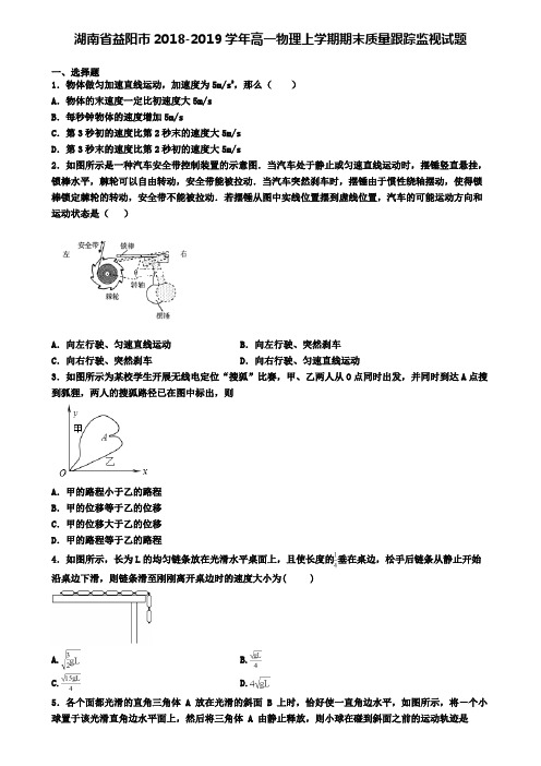 湖南省益阳市2018-2019学年高一物理上学期期末质量跟踪监视试题