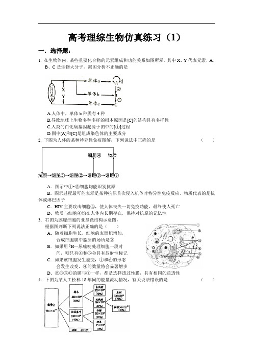 2012高考生物模拟试卷及答案(10套)-高考理综生物仿真练习1