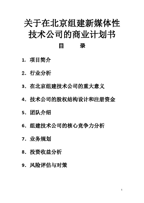 关于在北京投资组建广电新媒体技术公司的商业计划书