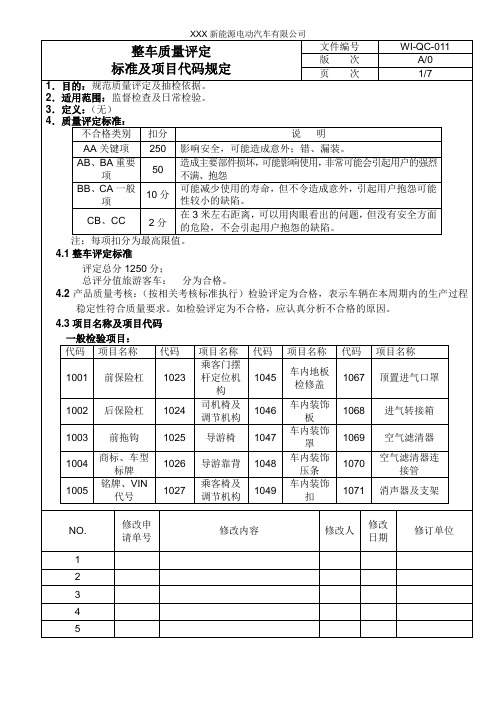 整车质量评定标准及项目代码规定