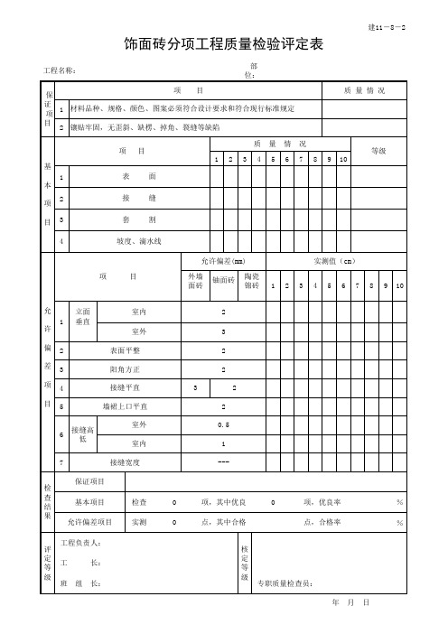 饰面砖分项工程质量检验评定表