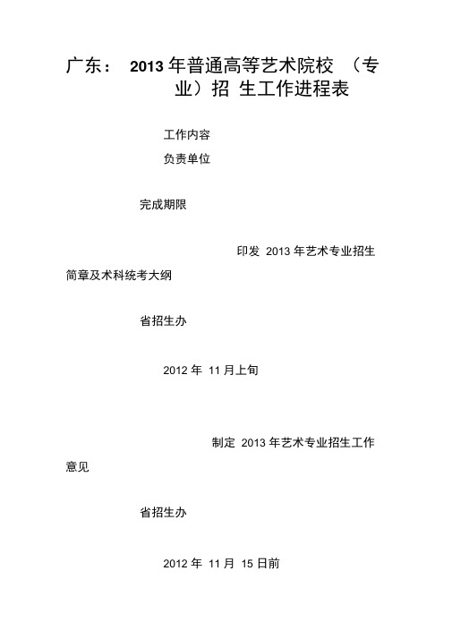 广东：2013年普通高等艺术院校招生工作进程表