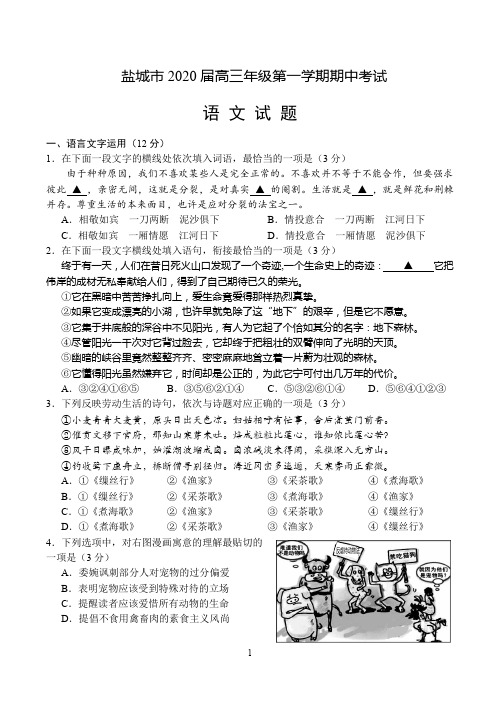 江苏省盐城市2020届高三上学期期中考试 语文 Word版含答案 
