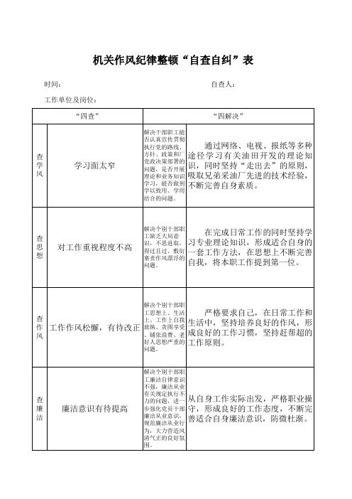 机关作风纪律整顿“自查自纠”表