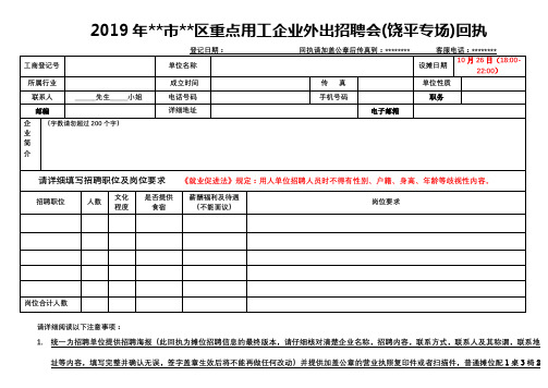 2019年XX市XX区重点用工企业外出招聘会(饶平专场)回执【模板】