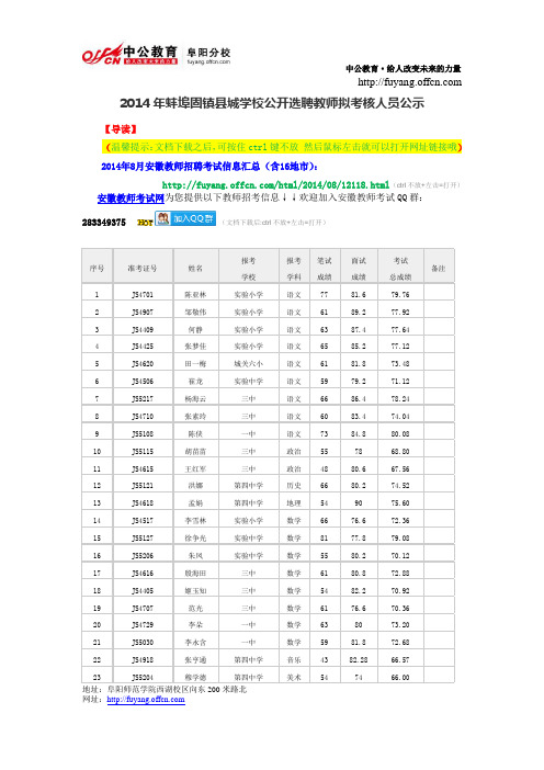 2014年蚌埠固镇县城学校公开选聘教师拟考核人员公示